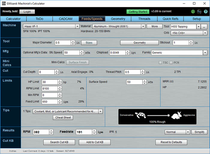 Tap Speeds and Feeds Calculator